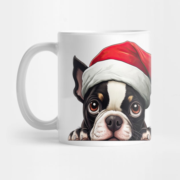 Christmas Peeking Boston Terrier Dog by Chromatic Fusion Studio